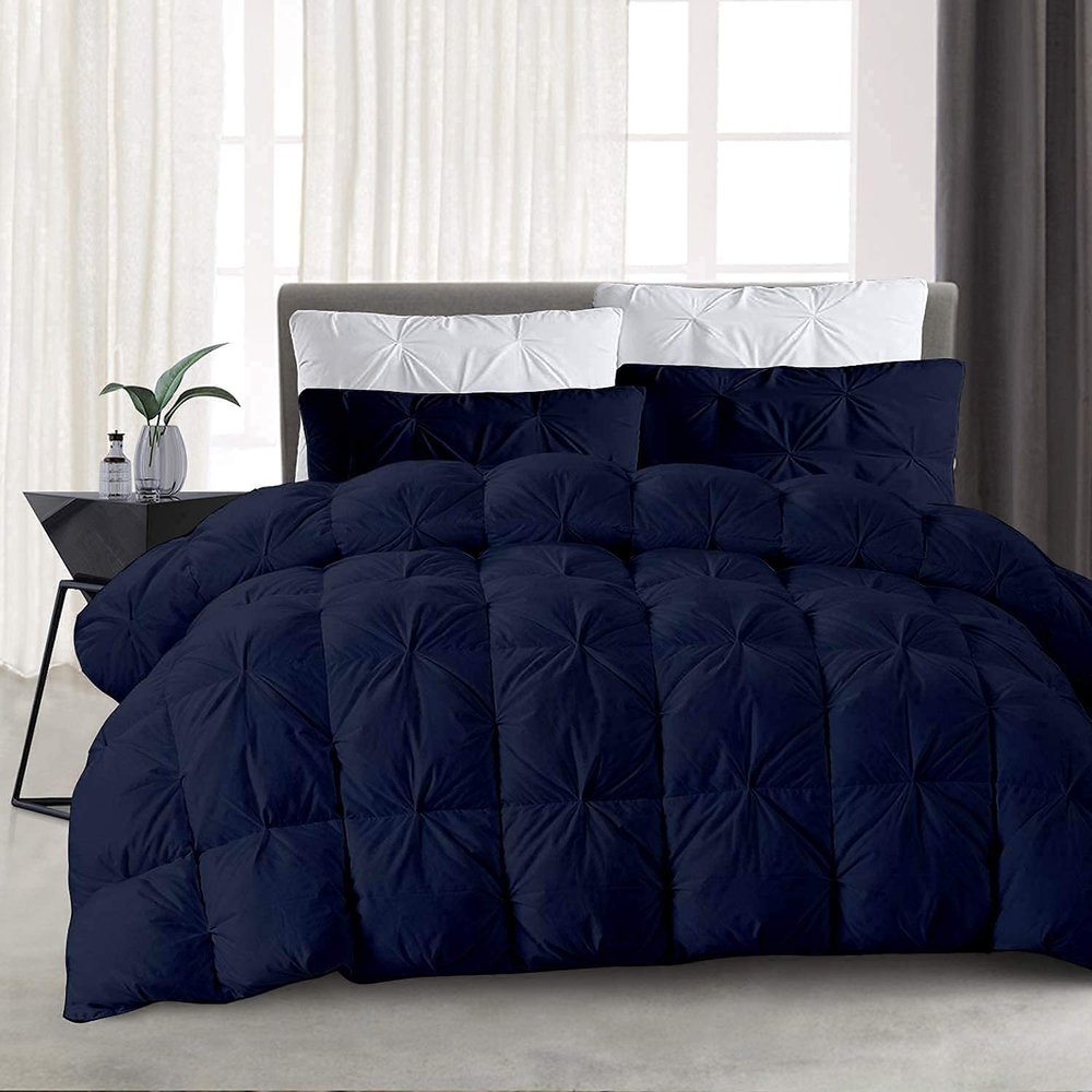 3 PCS Baffle Box Pinch Pleated Comforter Set-Navy Blue | Olympic Queen (98" x 98")-100% Long Staple Cotton 500 GSM All Season Warm, Lightweight Pintuck Down Alternative Quilted/Comforter Collection