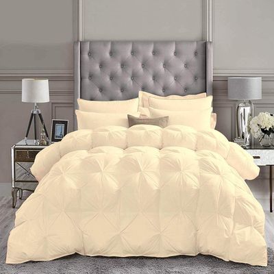 1 PC Goose Down Pinch Pleated Comforter with Corner Tabs 100% Organic Cotton 500 GSM Cotton Fill - Ivory Oversized King Size - Fluffy Baffle Box Design Light Weight Comforter Only