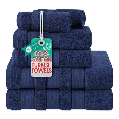 American Soft Linen Salem Turkish Bath Towel Set, 100% Cotton 600 GSM 6 Piece Towels for Bathroom, 2 Bath Towels 2 Hand Towels 2 Washcloths, Navy Blue