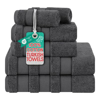 American Soft Linen Salem Turkish Bath Towel Set, 100% Cotton 600 GSM 6 Piece Towels for Bathroom, 2 Bath Towels 2 Hand Towels 2 Washcloths, Dark Gray
