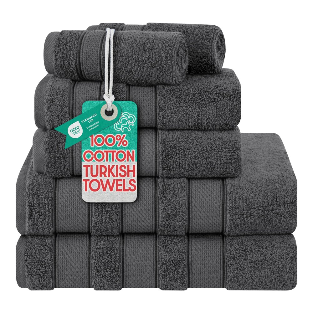 American Soft Linen Salem Turkish Bath Towel Set, 100% Cotton 600 GSM 6 Piece Towels for Bathroom, 2 Bath Towels 2 Hand Towels 2 Washcloths, Dark Gray