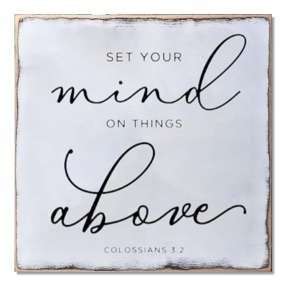 Aihesui Wood Sign Hanging Home Wall Decoration Set Your Mind on Things Above Bible Verse Wall Art Plaque for Living Room Kitchen Batheroom Bedroom Office School 12x12inch