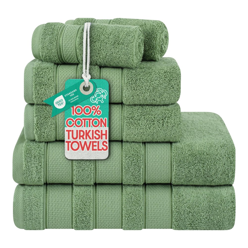 American Soft Linen Salem Turkish Bath Towel Set, 100% Cotton 600 GSM 6 Piece Towels for Bathroom, 2 Bath Towels 2 Hand Towels 2 Washcloths, Sage Green