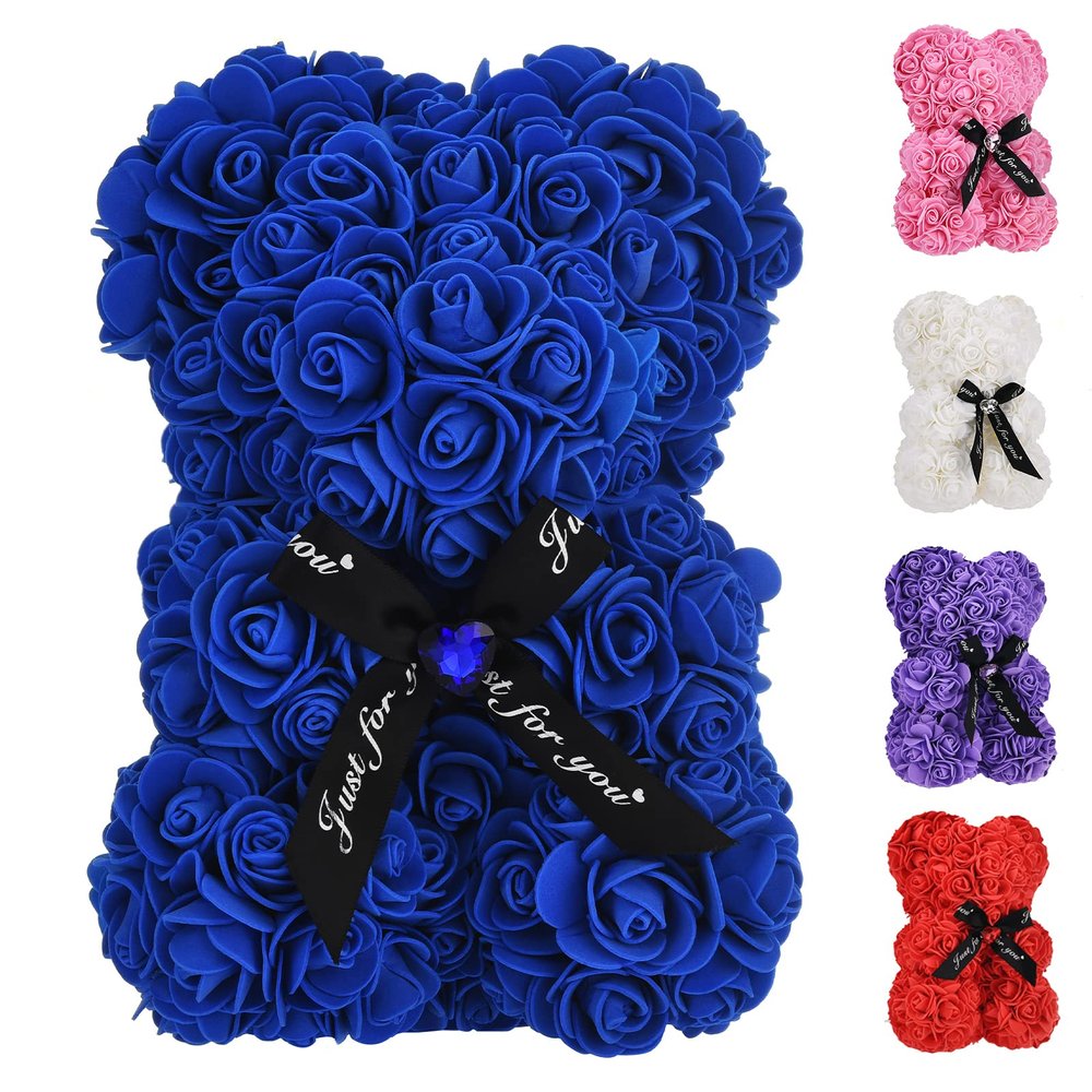 EALEBE Artificial Rose Flower Bear,Perfect Romantic Gift for Her, Valentine's Mother's Day, Christmas, Birthday,Thanksgiving Party Anniversary Girl Friend Wife with Heart-Shaped Diamond,Sapphire Bule