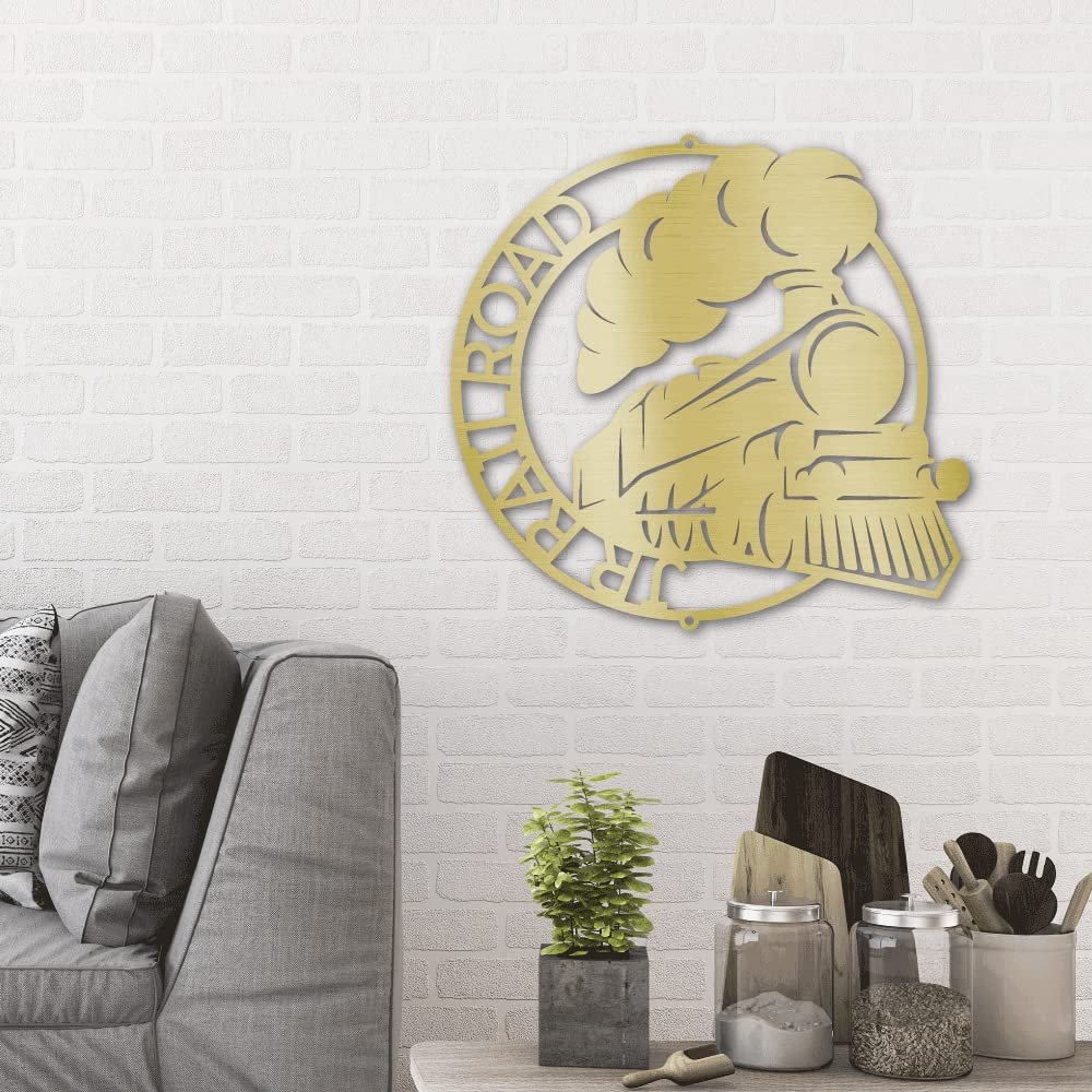Classic Train Ring Monogram Personalized Indoor Outdoor Steel Wall Sign Art 24" / Gold