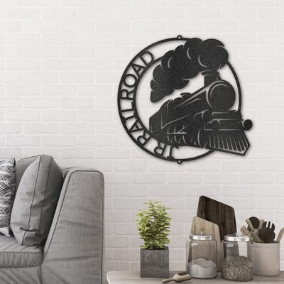 Classic Train Ring Monogram Personalized Indoor Outdoor Steel Wall Sign Art 24" / Black