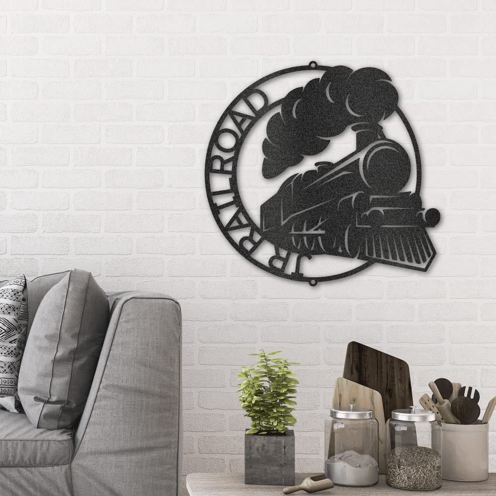 Classic Train Ring Monogram Personalized Indoor Outdoor Steel Wall Sign Art 24" / Black