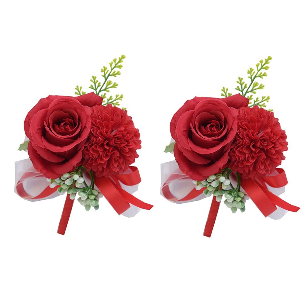 ARTFLWS 2PCS Rose Flower Wrist Corsage Boutonniere Set Handmade Artificial Corsage Set Bride Hand Flower Men Boutonniere for Wedding Party Prom Decorations (2 Boutonnieres Red)