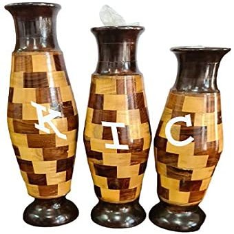Antique Nautical Wooden Handicraft Brown Flower Pot /Vase (Set of 3)
