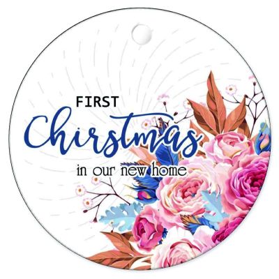 First Christmas in Our New Home Souvenir Ceramic Ornaments Flower Wreath 2021 3x3 Inch Double-Sided Printing Round Christmas Tree Decor Decoration for Christmas Tree New Year Indoor Holidays