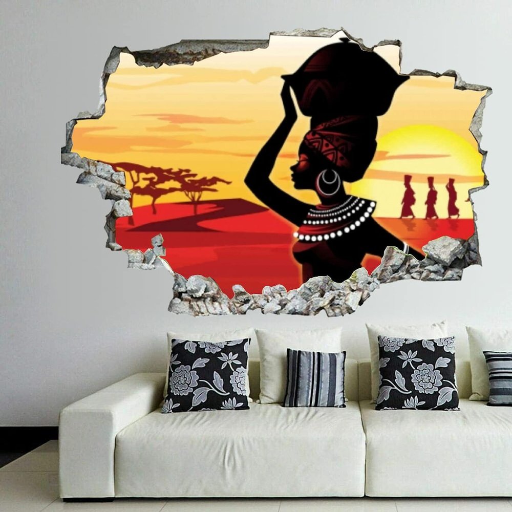 Amazing Cartoon African Woman 3D Wall Stickers Mural Smashed Wall Art Removable Poster Vinyl decals For Bedroom Living Room Playroom Nursery Office Shop,32 inch