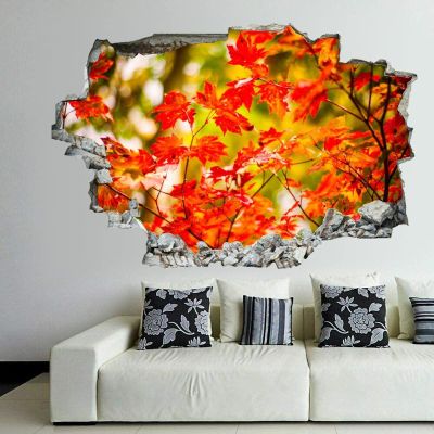 Parks Autumn Foliage 3D Wall Stickers Mural Smashed Wall Art Removable Poster Vinyl decals For Bedroom Living Room Playroom Nursery Office Shop,32 inch