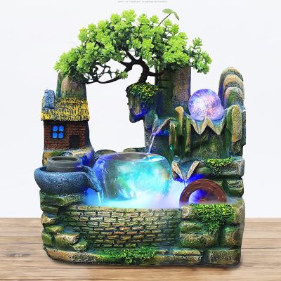 Gdrasuya10 Tabletop Fountain Rockery Waterfall, Fountain Waterfall Fish Bowl Landscape Rockery Ornaments with Atomizing Humidifier and LED Lights