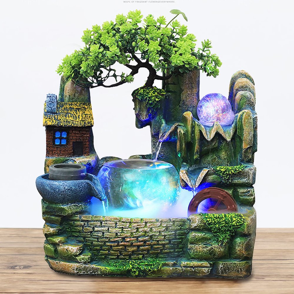 Gdrasuya10 Tabletop Fountain Rockery Waterfall, Fountain Waterfall Fish Bowl Landscape Rockery Ornaments with Atomizing Humidifier and LED Lights