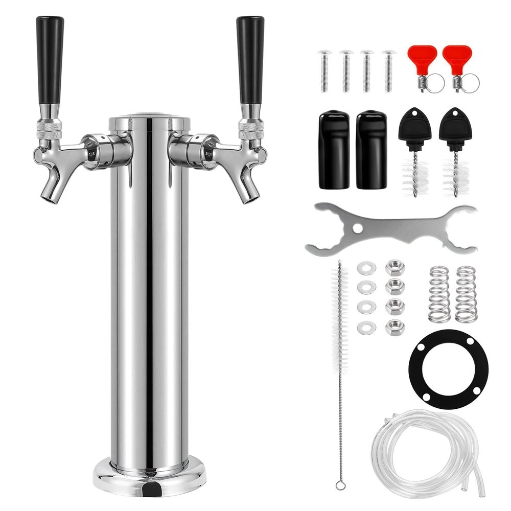 Dbgogo Kegerator Tower Double Tap Beer Tower Dual Faucet Beer Tower Stainless Steel 3'' Flange Beer Tower Dispenser Beer Tap Kegerator Parts with Pre-Assembled Tubing and Self-Closing Springs