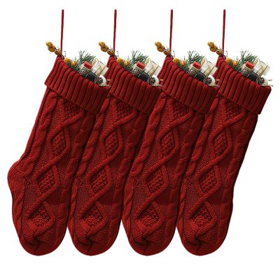 Littryee 4 Stockings, 18" Stockings, Knit Stockings, Large Size Knitted Socks, for Family Holiday Decorations, Off W.hite or Burgundy