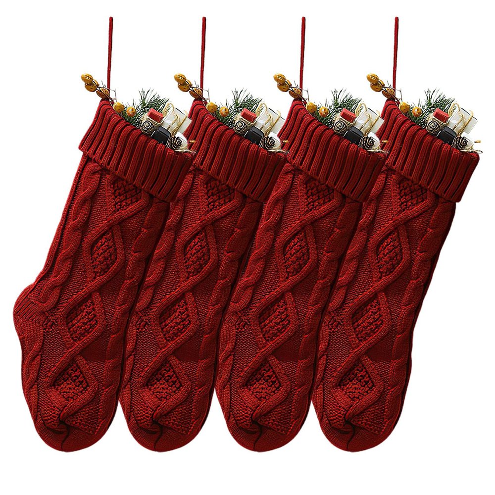 Littryee 4 Stockings, 18" Stockings, Knit Stockings, Large Size Knitted Socks, for Family Holiday Decorations, Off W.hite or Burgundy
