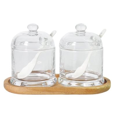 2PCS Glass Sugar Bowls Set with Lid, Spoon and Bamboo Tray - 10.6oz/300ml Covered Clear Sugar Bowl Spice Jars Seasoning Box Set