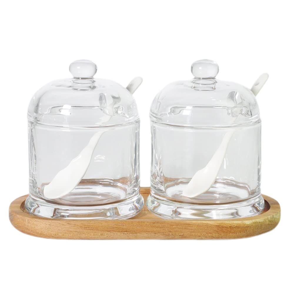 2PCS Glass Sugar Bowls Set with Lid, Spoon and Bamboo Tray - 10.6oz/300ml Covered Clear Sugar Bowl Spice Jars Seasoning Box Set