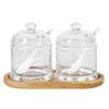 2PCS Glass Sugar Bowls Set with Lid, Spoon and Bamboo Tray - 10.6oz/300ml Covered Clear Sugar Bowl Spice Jars Seasoning Box Set view 1