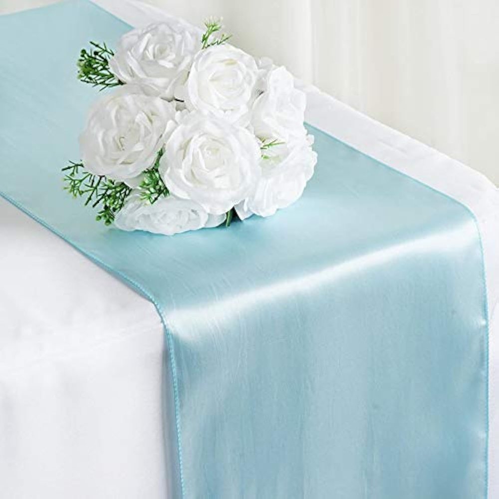 10 Pc 12 x 108 inch Long Charmeuse Satin Table Runners Bright Shiny Satin Silk and Smooth Fabric Runners for Table Decorations Birthday Parties,Baby Shower Banquet Wedding - Baby Blue/Aqua Blue