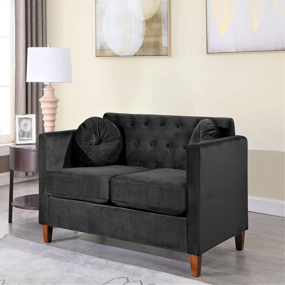 Container Furniture Direct Persaud Living Room Couch Set with Classic Chesterfield Velvet Upholstery, Ideal for Home, Apartment and Office, Loveseat, Black