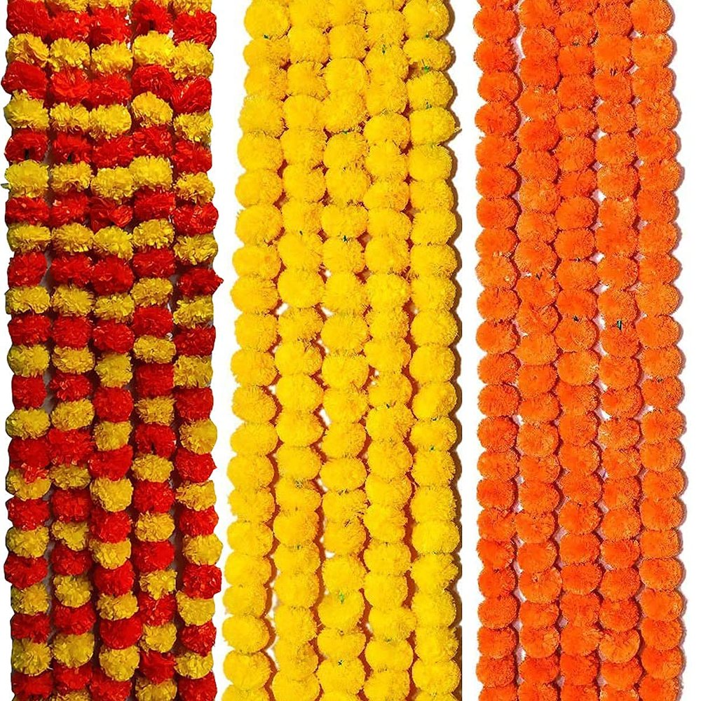 Artificial Marigold Wall Hanging Garlands String for Special Occasion Decoration, Home Decor Party |Office, Home| Festival Theme Decorative|5 Orange,5 Yellow and 5 Mix Flower (Pack of 15 String)