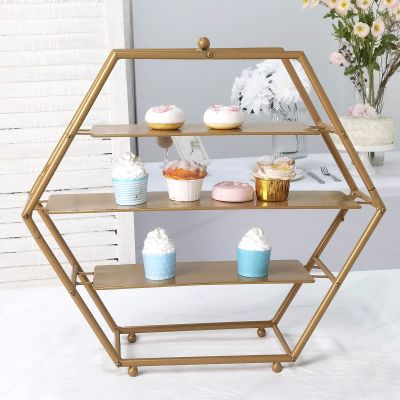 21" Tall Gold Metal Tiered Cupcake Stand, 3 Tier Hexagonal Cupcake Holder Dessert Display Stand