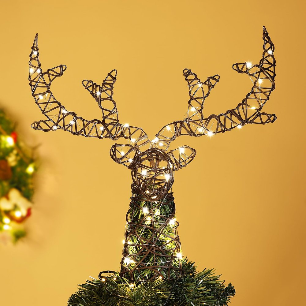 Lewondr Christmas Tree Topper, Metal Frame Deer Tree Topper with 50 Warm Light Beads, Remote & USB Operated Tree Topper with Lights 6H Timer, Xmas Tree Decor for Holiday Home Decoration, Brown