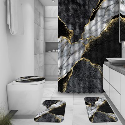 4 Pcs Marble Shower Curtain Sets, Gold Cracked Lines Crystal Geode Black Grey Bathroom Decor, Rug Toilet Lid Cover and Non-Slip U Shape Mat, Waterproof Polyester Shower Curtain with 12 Hooks, 72 x 72