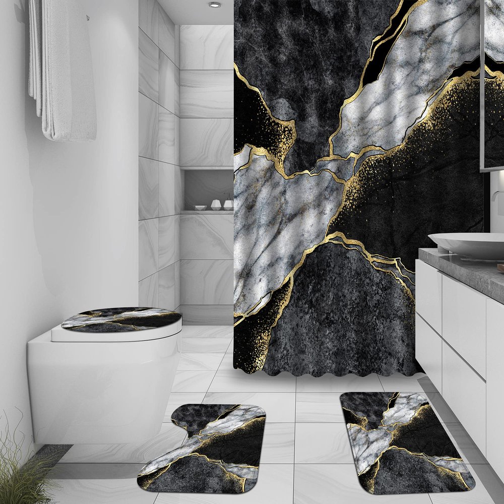4 Pcs Marble Shower Curtain Sets, Gold Cracked Lines Crystal Geode Black Grey Bathroom Decor, Rug Toilet Lid Cover and Non-Slip U Shape Mat, Waterproof Polyester Shower Curtain with 12 Hooks, 72 x 72