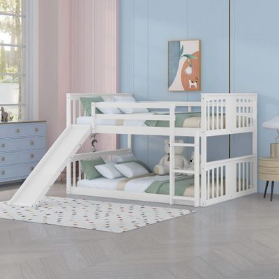 Bellemave Full Bunk Beds with Slide Full Over Full Low Bunk Bed Frame Wood Floor Bunkbed for Boys Girls Teens Bedroom Dorm, White