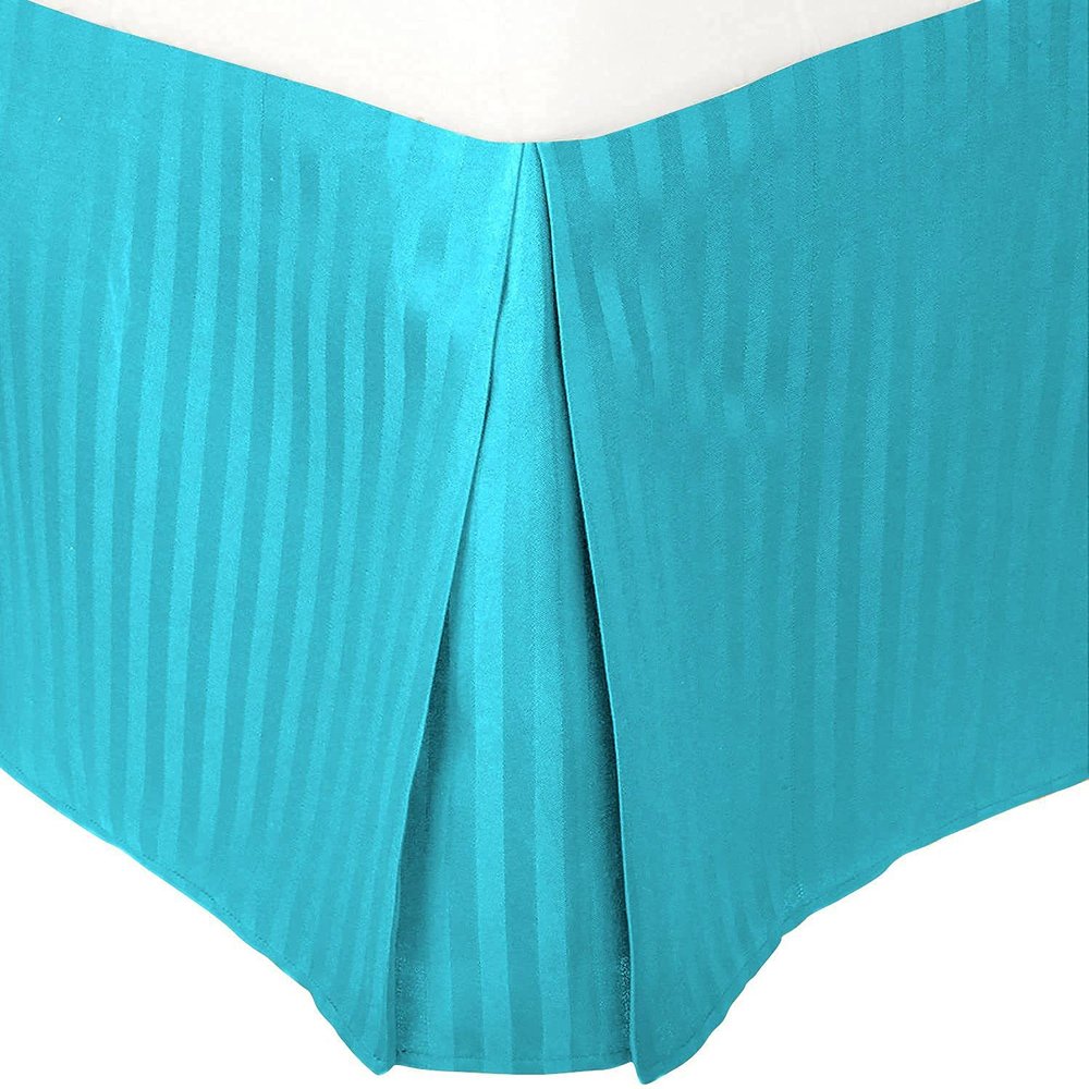 1 Piece Tailored Pleated Striped Bedskirt 100% Egyptian Cotton, 800 Thread Count, Striped Pattern with Split Corners Easy Fit, 24 Inch Drop Olympic Queen Size, Turquoise Blue Striped
