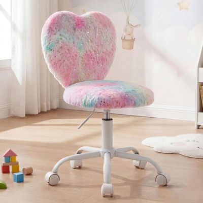 DM Furniture Small Kids Chair, Cute Heart Girls Desk Chair, Rolling Study Chairs Furry Pink Computer Chairs, Faux Fur Swivel Vanity Chairs for Children Bedroom/Study, Colorful