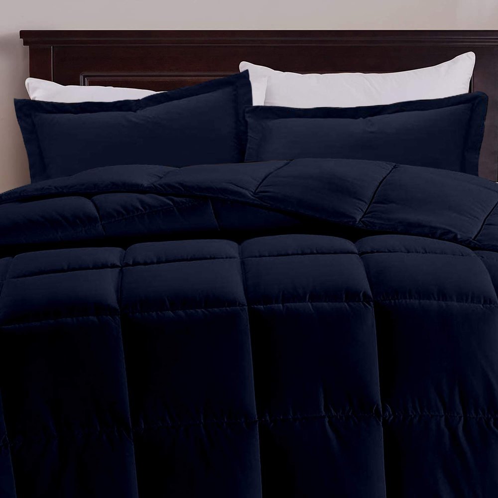 Navy Blue Box Stitched Down Alternative Blanket Olympic Queen (98'' x 98'') 600 GSM 800 Thread Count Premium All-Season Cotton 3PC