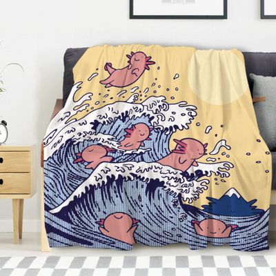 Avalokitesvara Axolotl Wave Funny Art Flannel Blanket Super Soft and Warm for Bed Couch Sofa 120x90 Inch for Family