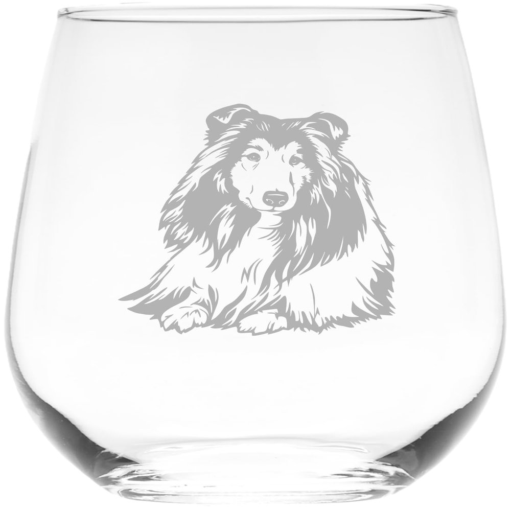 C M Shetland Sheepdog Themed Dog Stemless Wine Glass - Sheltie Gift for Women and Men 17 oz.
