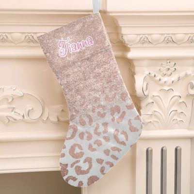 Modern Faux Rose Gold Leopard Customized Name Christmas Stocking for Xmas Tree Fireplace Hanging and Party Decor 17.52 x 7.87 Inch