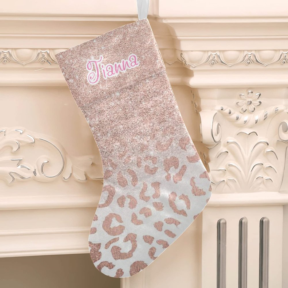 Modern Faux Rose Gold Leopard Customized Name Christmas Stocking for Xmas Tree Fireplace Hanging and Party Decor 17.52 x 7.87 Inch