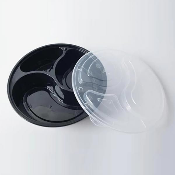 Nicole Fantini 48oz - 3 Compartment - Disposable Black Meal Prep/Bento Box with Clear Dome Lids - Round Plastic Meal Containers - Reusable Box : Perfect For Salad, Meal Prep and Fruits : Set of 150