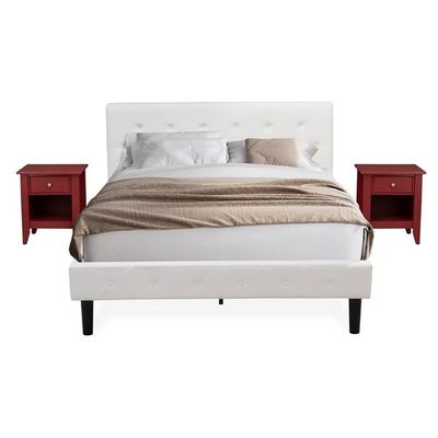 East West Furniture NL19Q-2GA13 3 Piece Queen Bedroom Set - Button Tufted Bed Frame - Linen white Velvet Fabric Upholstered Headboard and a Burgundy Finish Nightstand