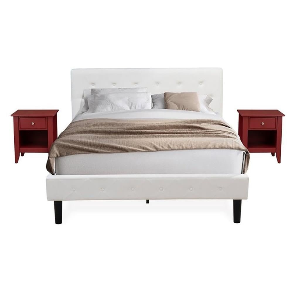 East West Furniture NL19Q-2GA13 3 Piece Queen Bedroom Set - Button Tufted Bed Frame - Linen white Velvet Fabric Upholstered Headboard and a Burgundy Finish Nightstand