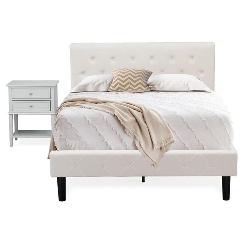 East West Furniture NL19F-1VL14 2 Piece Bed Set - Button Tufted Full Size Bed - Linen white Velvet Fabric Upholstered Headboard and an Urban Gray Finish Nightstand