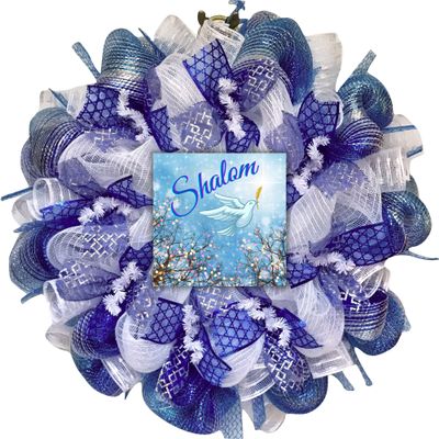 Shalom Wreath with Star of David Ribbons Handmade Deco Mesh. Available in 24 inch and 28 inch diameters.