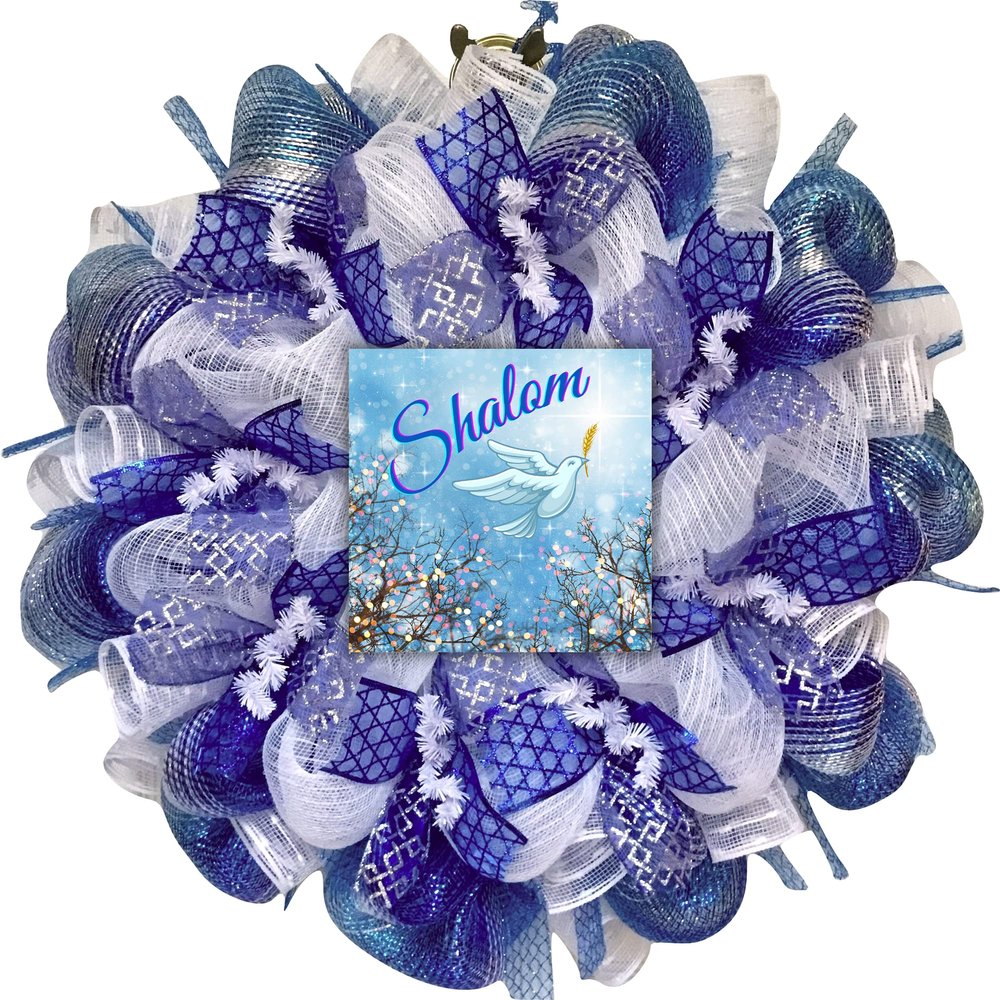 Shalom Wreath with Star of David Ribbons Handmade Deco Mesh. Available in 24 inch and 28 inch diameters.