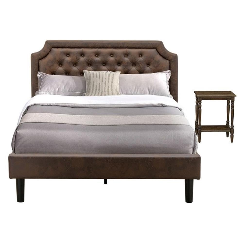 East West Furniture GB25Q-1BF07 2-Piece Granbury Bed Set with a Button Tufted Queen Size Bed and 1 Distressed Jacobean Modern Nightstand - Dark Brown faux Leather with Black Texture and Black Legs