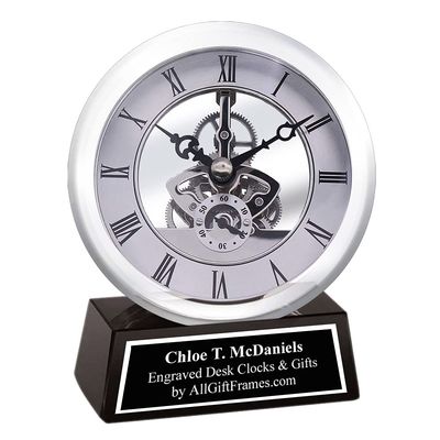 Custom Engravable Clear Transparent Desk Clock Davinci Gears Black Engraving Silver on Glass Base Personalized Tabletop Best Decorative Clocks Engineer Gift Retirement