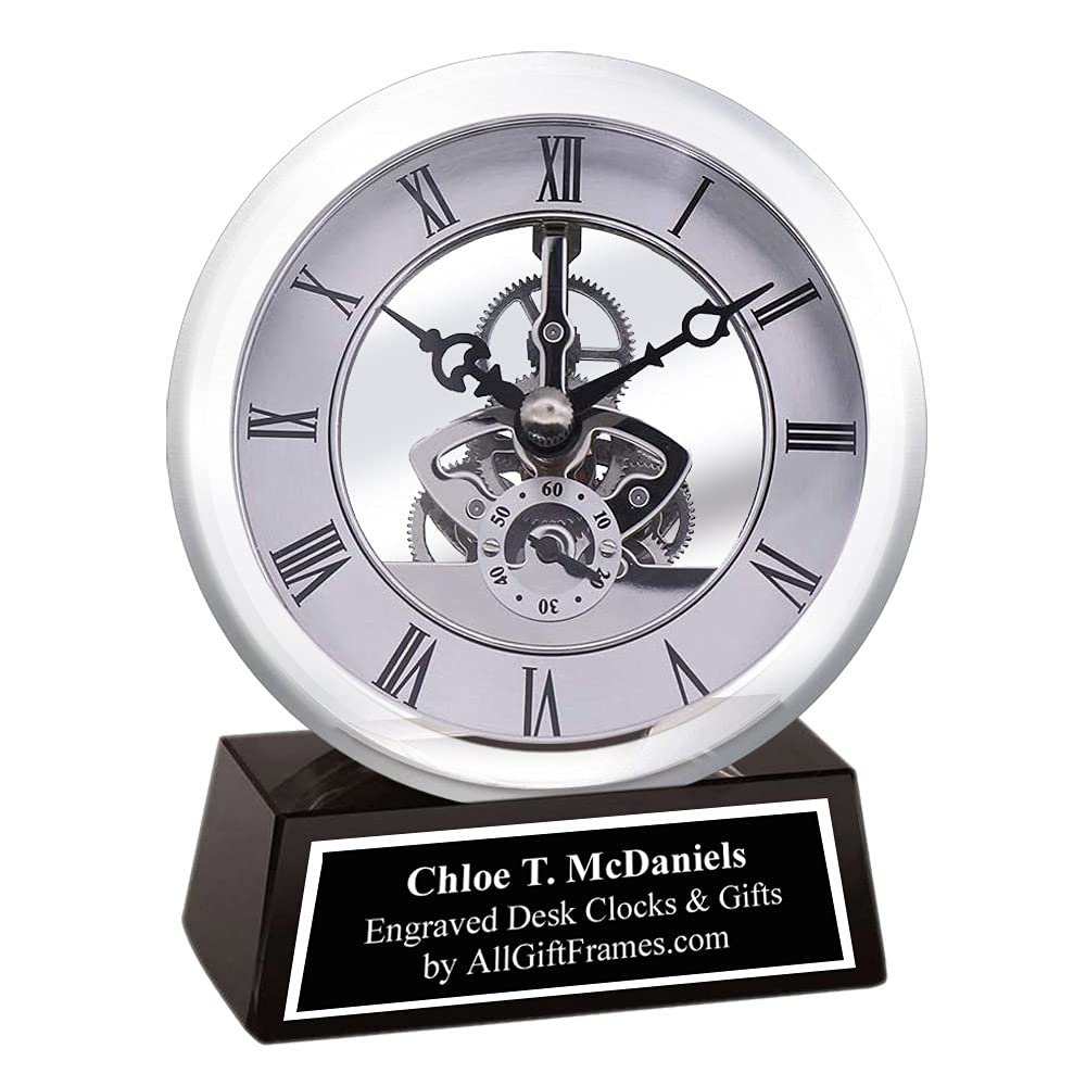 Custom Engravable Clear Transparent Desk Clock Davinci Gears Black Engraving Silver on Glass Base Personalized Tabletop Best Decorative Clocks Engineer Gift Retirement