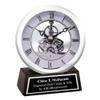 Custom Engravable Clear Transparent Desk Clock Davinci Gears Black Engraving Silver on Glass Base Personalized Tabletop Best Decorative Clocks Engineer Gift Retirement view 1