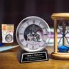 Custom Engravable Clear Transparent Desk Clock Davinci Gears Black Engraving Silver on Glass Base Personalized Tabletop Best Decorative Clocks Engineer Gift Retirement view 2